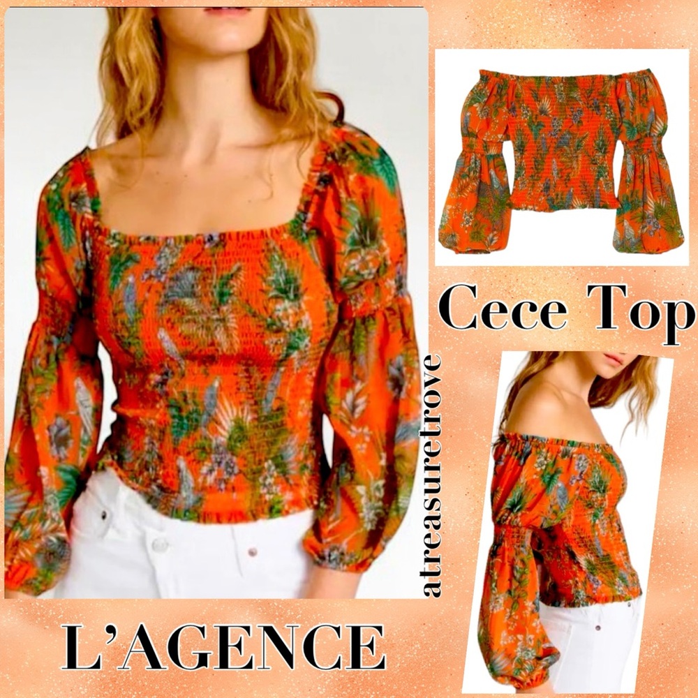 New L'AGENCE x Anthropologie Cece On/Off Shoulder M Red Parrot Botanical Smocked